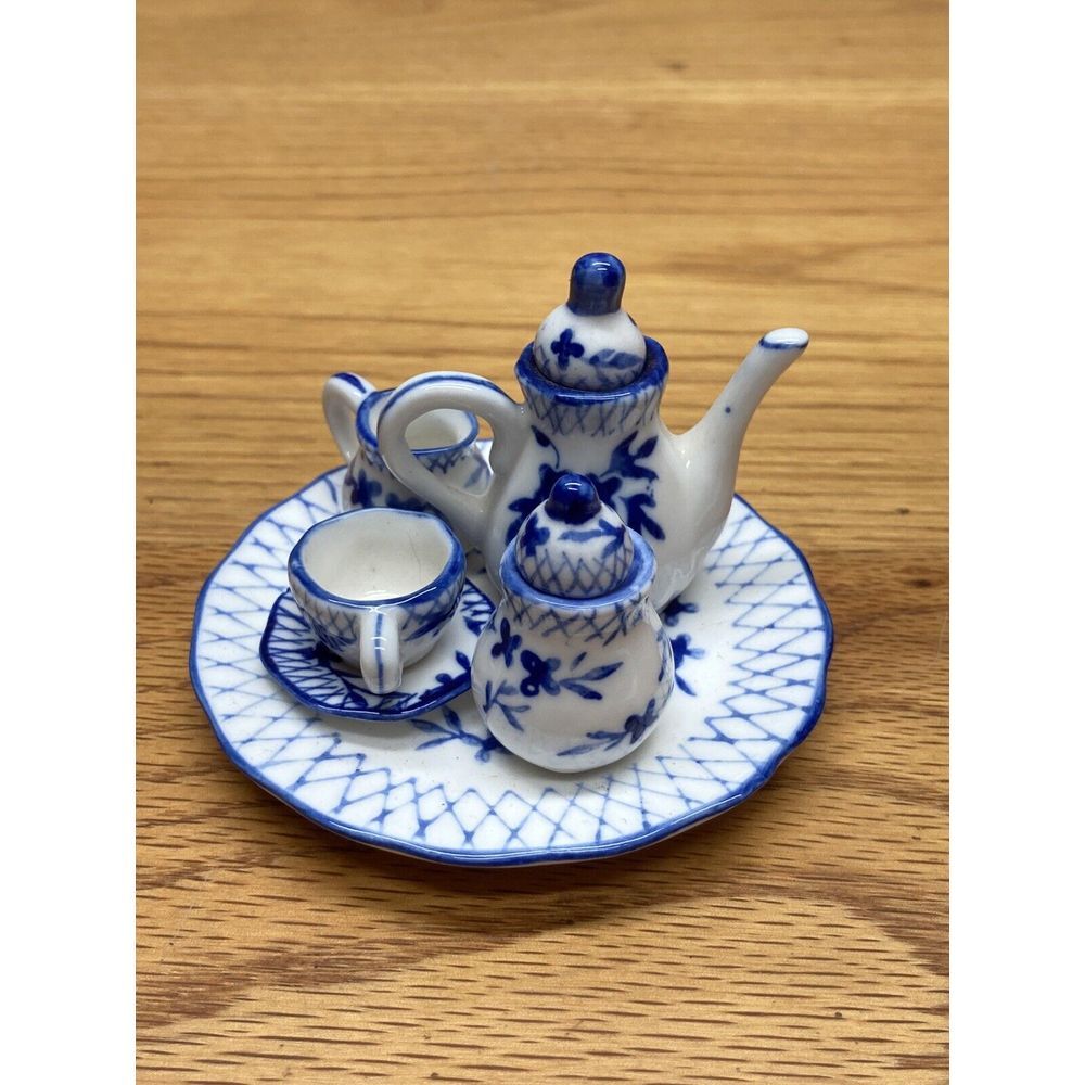 Miniature Child Tea Set‎ Ceramic Hand Painted Blue Floral Design VTG Dollhouse